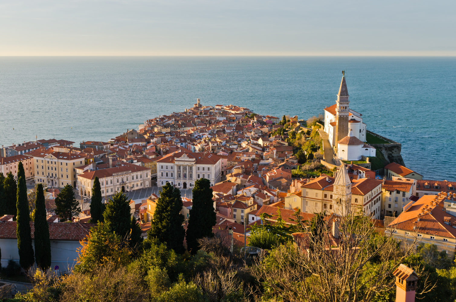 Panoramic view of adriatic sea from the hill above the city of Piran in Istria, Slovenia