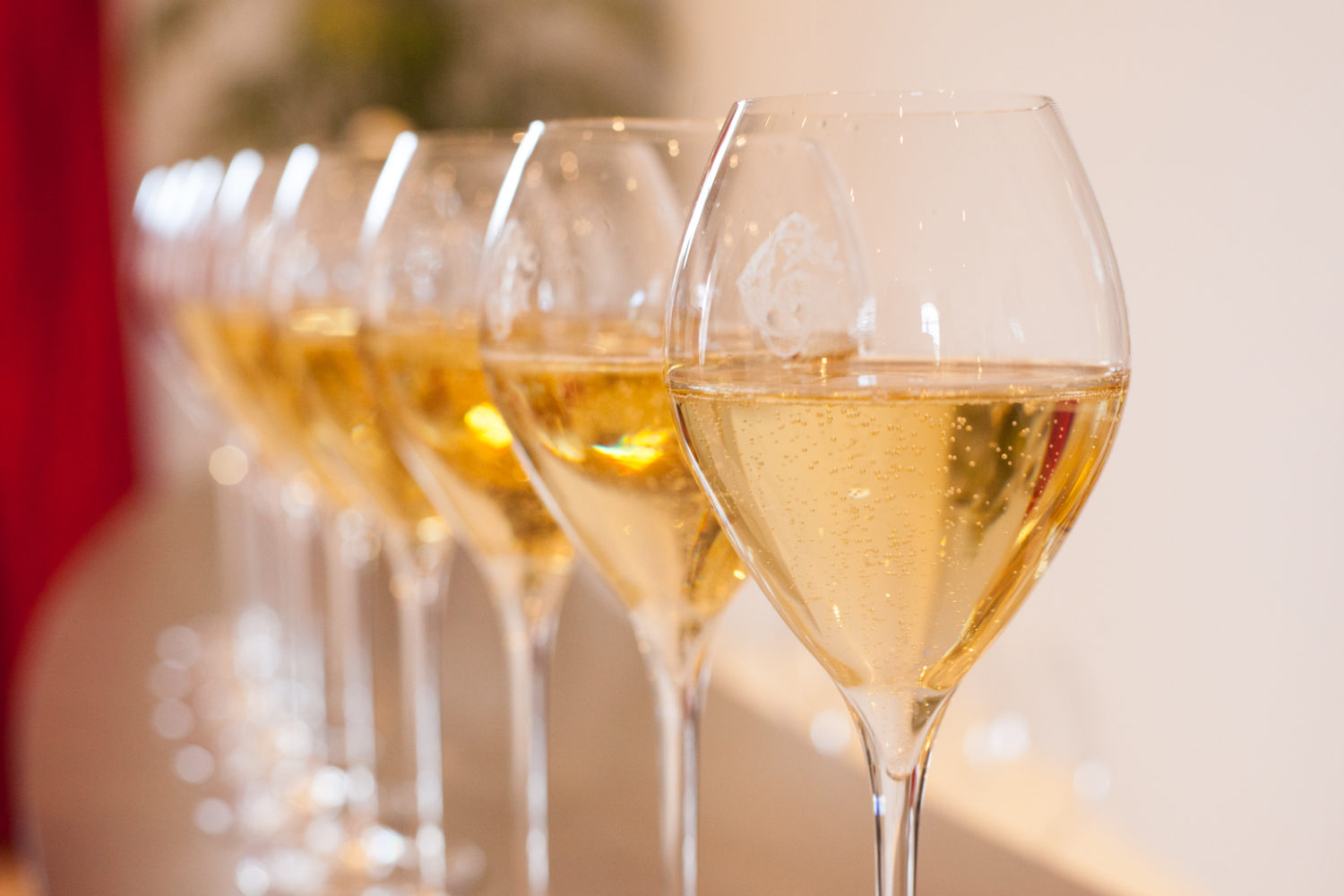 Champagne glasses in a row. Epernay, France. ©Kevin Day / Opening a Bottle