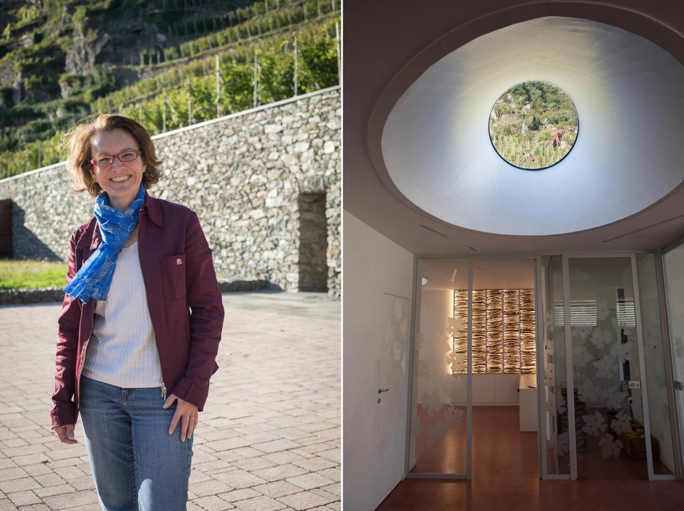 ARPEPE's enologist, Isabella Pelizzatti Perego (left); and the view from inside the winery and tasting room, which her husband designed (right). ©Kevin Day/Opening a Bottle