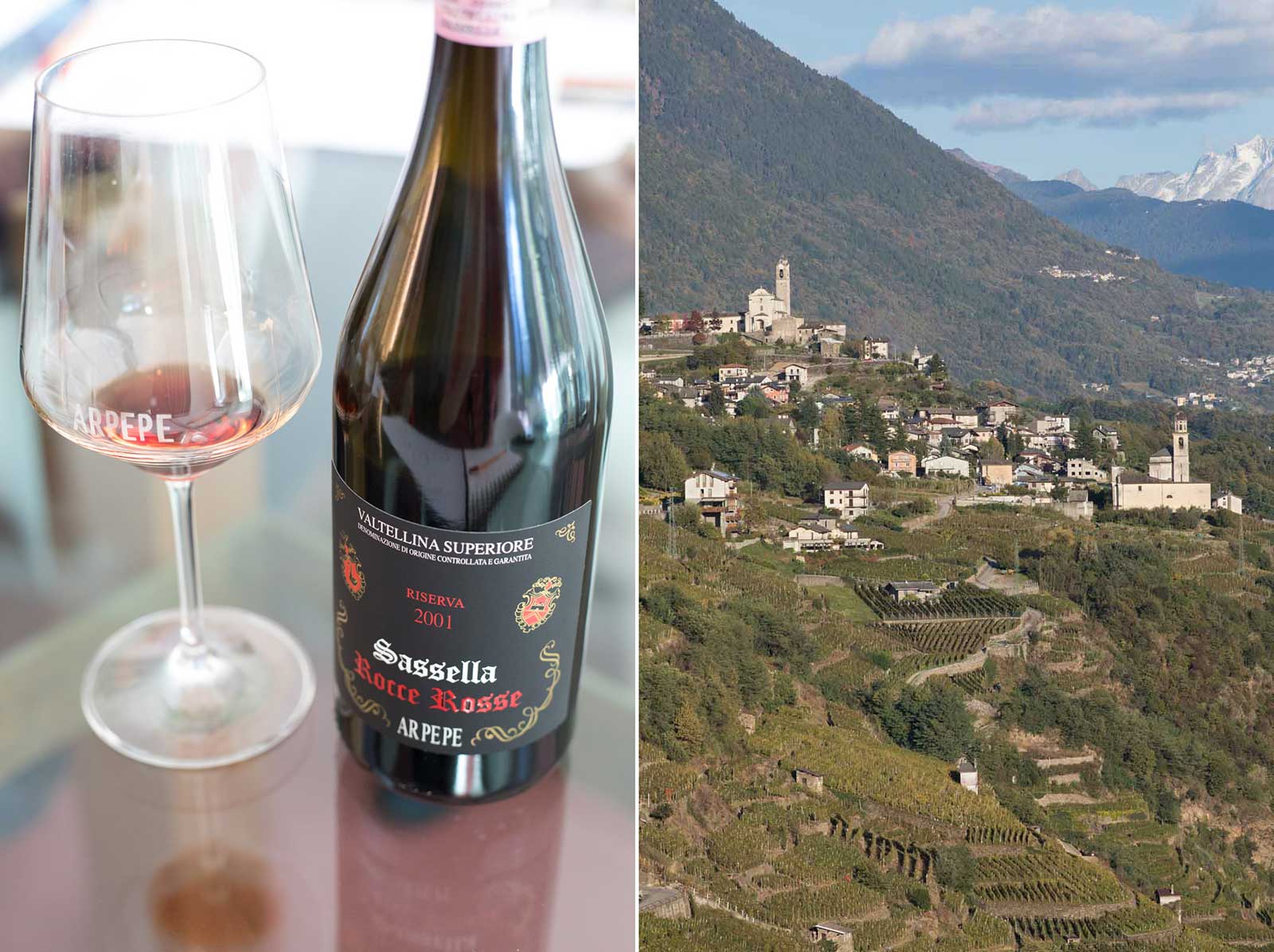 The 2001 ARPEPE "Rocce Rosse" Valtellina Superiore Sassella (left); and the view to the east from the Grumello castle above the winery (right). ©Kevin Day/Opening a Bottle