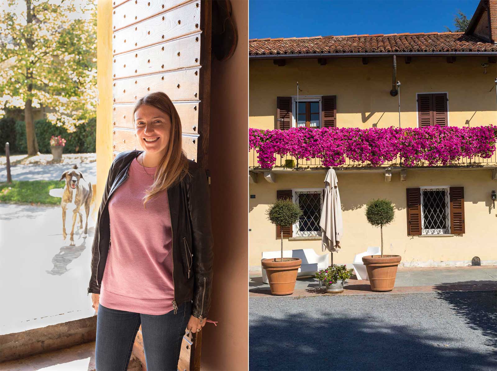 Right: Isabella Oddero (and a photobombing canine member of the family). Left: The lemon-cream colored home and winery of the Oddero family. ©Kevin Day/Opening a Bottle