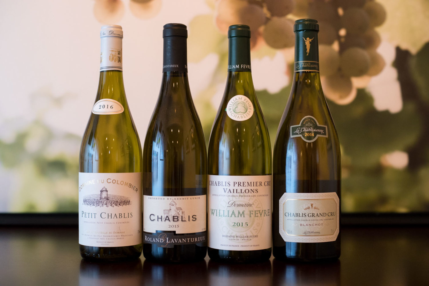 All four versions of Chablis from left to right: Petit Chablis, Chablis, Chablis Premier Cru, Chablis Grand Cru. ©Kevin Day/Opening a Bottle