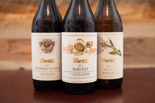 Vietti Winery wines: Barbera d'Asti, Barolo Castiglione, Nebbiolo Perbacco