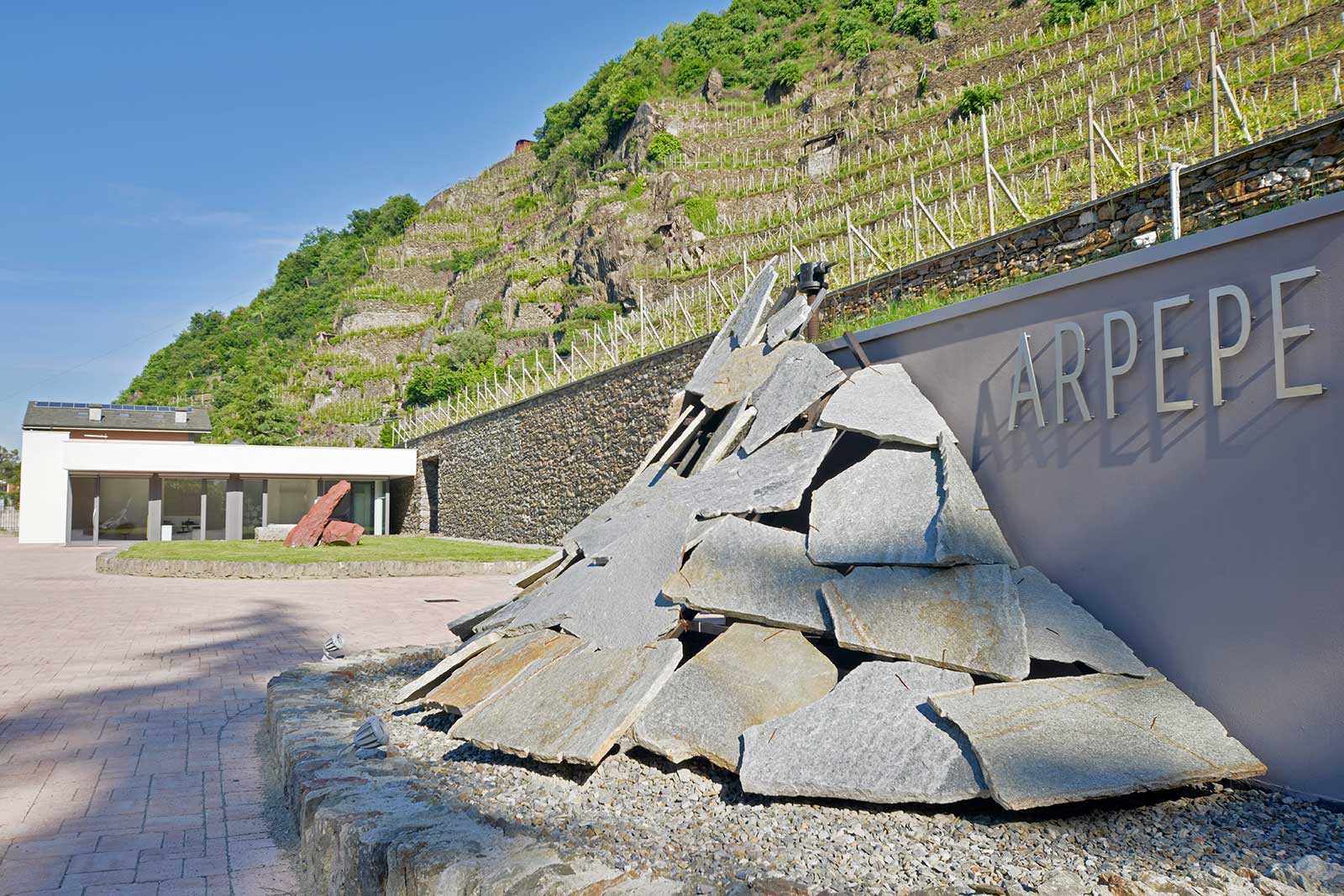 The entrance to ARPEPE's winery beneath the vineyards that go into the Grumello "Rocca de Piro" Valtellina Superiore Riserva. ©ARPEPE