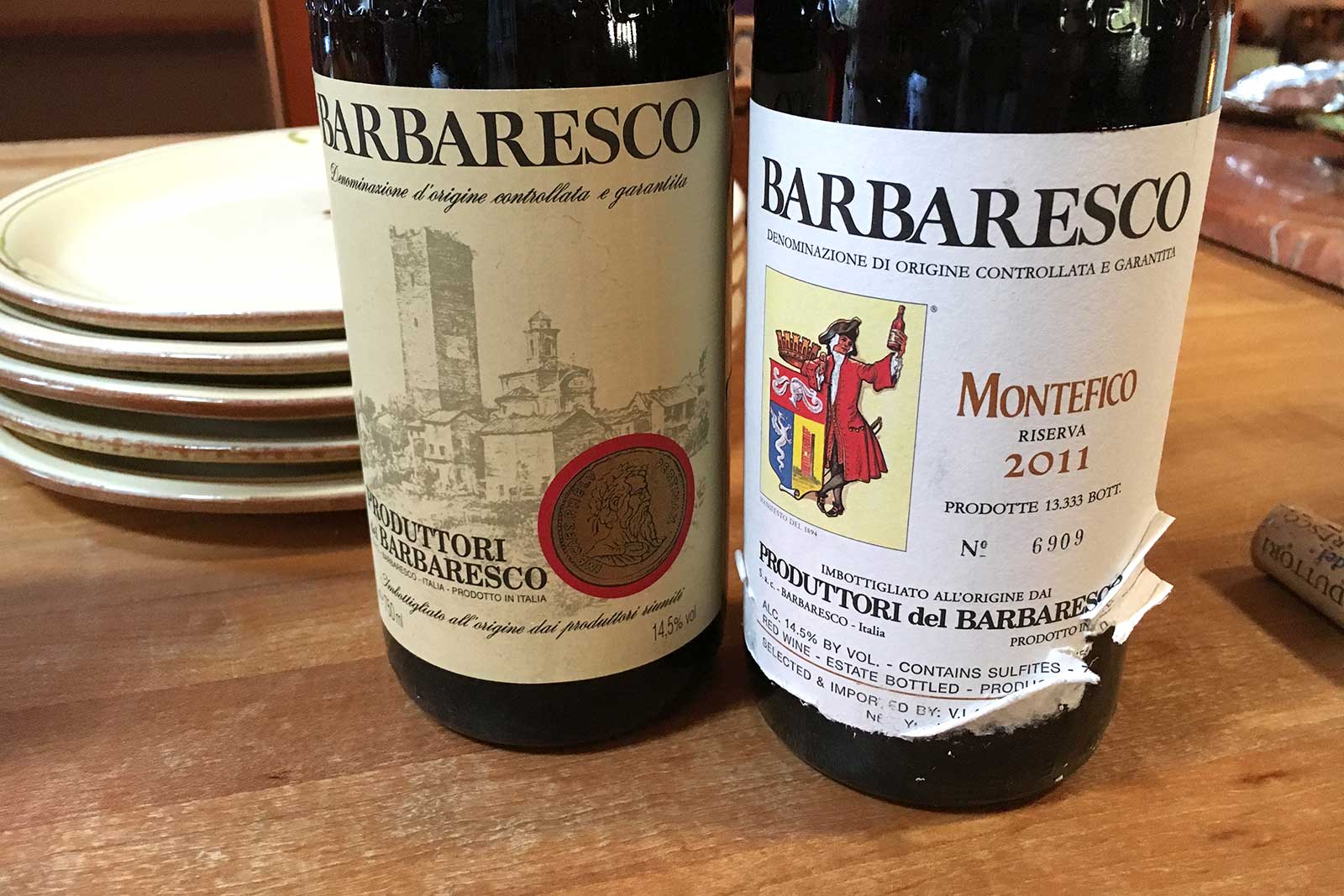 A side-by-side comparison of Produttori del Barbaresco: the standard Barbaresco DOCG (left) and the single-vineyard Montefico Riserva (right). ©Kevin Day/Opening a Bottle