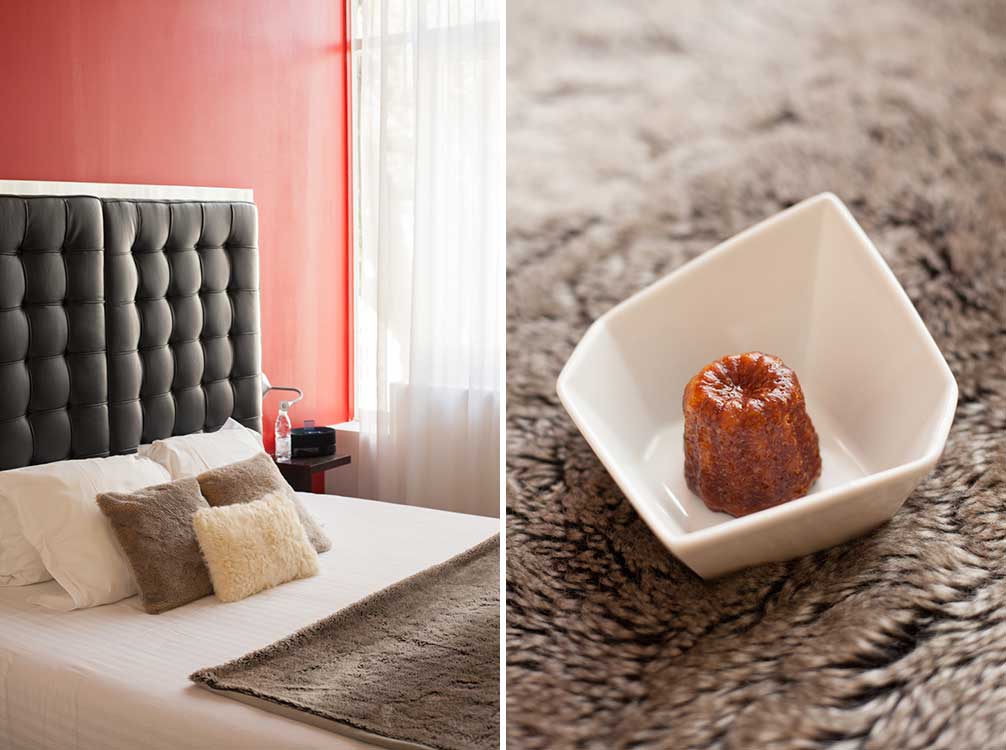 Accommodations and a canelé welcome at Le Boutique Hotel, Bordeaux. ©Kevin Day / Opening a Bottle