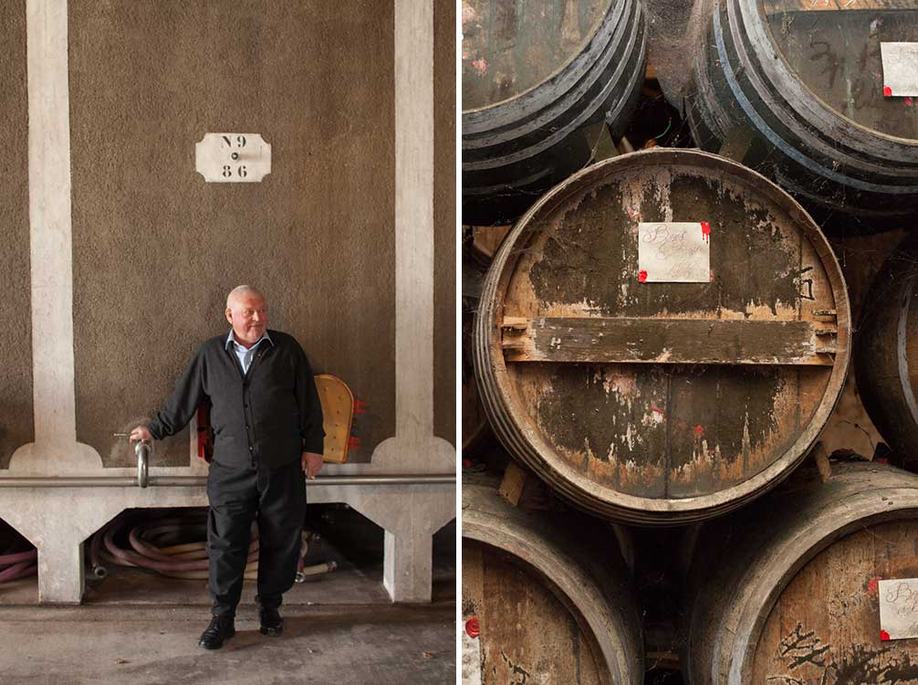 Portrait of Guy Lhéraud at Cognac Lhéraud (left) and barrels aging Cognac at Cognac Lheraud (right). ©Kevin Day/Opening a Bottle