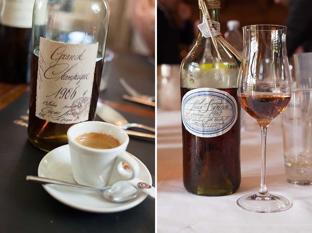 A bottle of 1906 Grand Champagne Cognac after lunch with an espresso (left), and a bottle of 1962 Pineau des Charentes from Cognac Lheraud (right) ©Kevin Day/Opening a Bottle