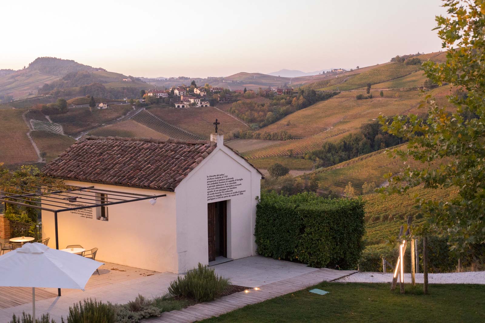 The view of Palas Cerequio's chapel with Cerequio's vines visible in the lower right. In the valley below lies the village of Barolo. ©Kevin Day/Opening a Bottle