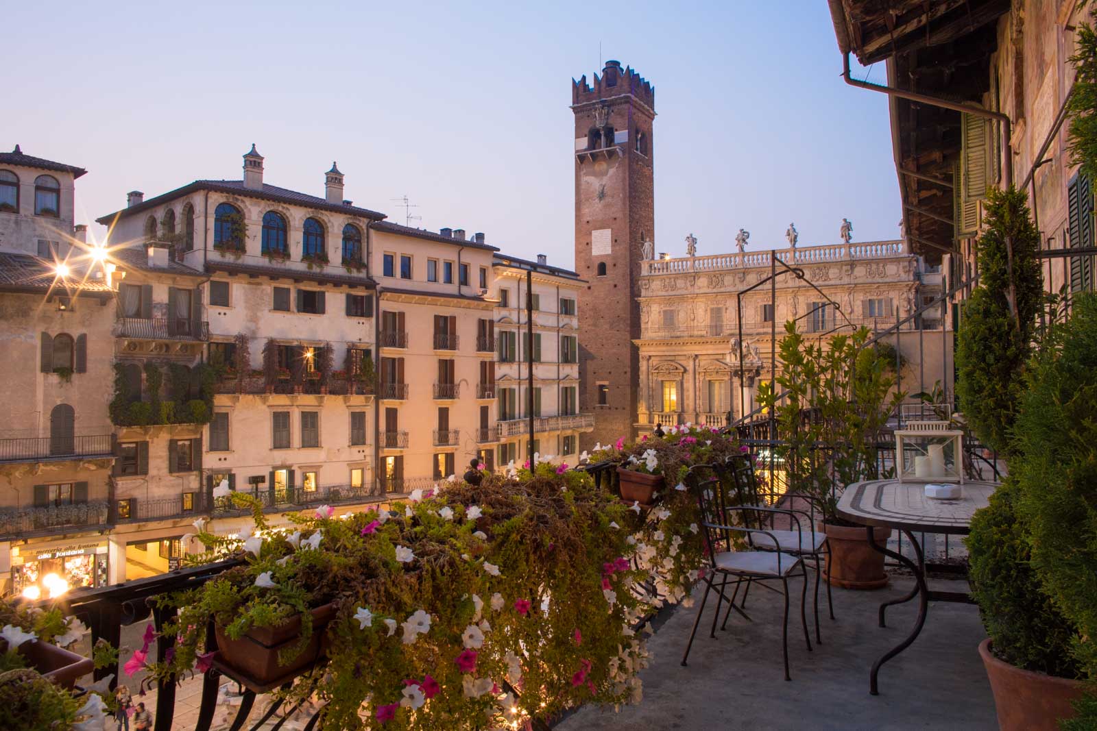 The view at dusk from the balcony of the Piazza Erbe Suite of Corte Realdi. ©Kevin Day/Opening a Bottle