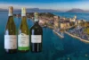 Three wine bottles from Lugana DOC in Italy with the picturesque village of Sirmione at dusk