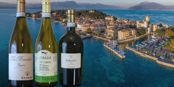 Three wine bottles from Lugana DOC in Italy with the picturesque village of Sirmione at dusk