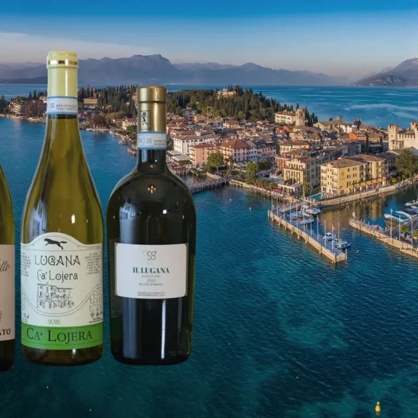 Three wine bottles from Lugana DOC in Italy with the picturesque village of Sirmione at dusk