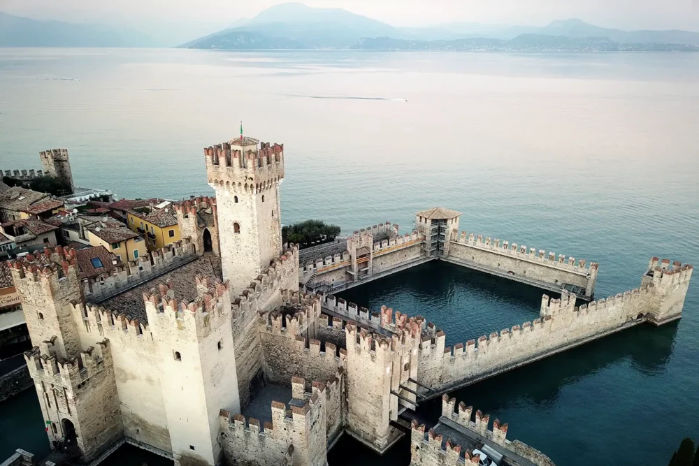 Aerial view of Sirmione castle and Lake Garda