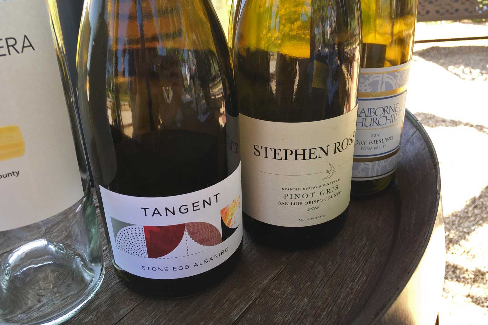 Some of the aromatic white wines sampled on my trip to the Edna Valley, including Tangent's Stone Egg Albariño. ©Kevin Day/Opening a Bottle