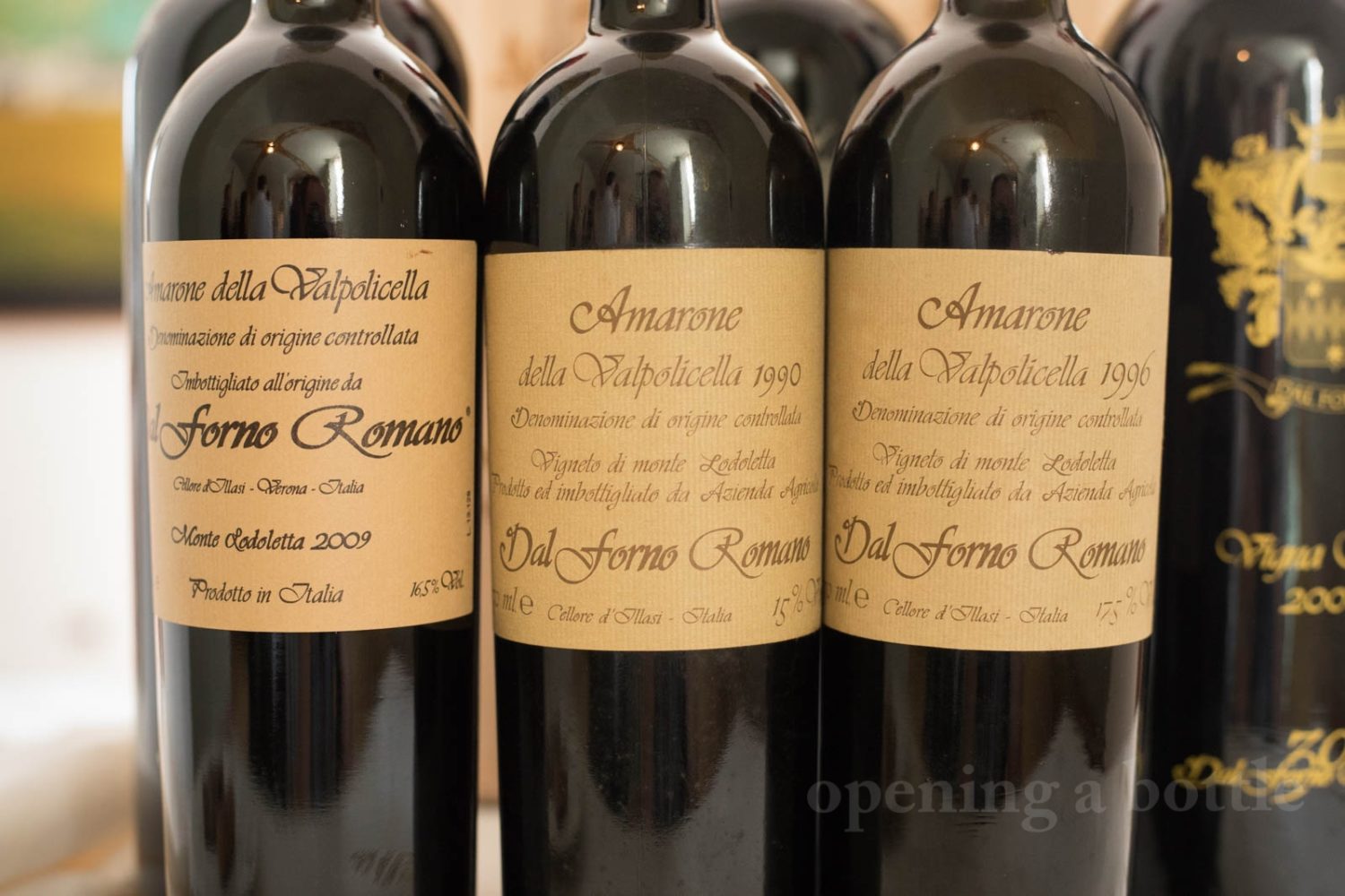 The 2009 Dal Forno Romano "Monte Lodoletta" Amarone della Valpolicella DOCG is joined by the 1990 and 1996 Dal Forno Romano Amarone della Valpolicella ©Kevin Day/Opening a Bottle