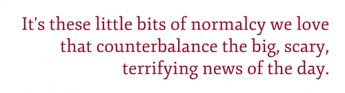 Pullquote: "It's these little bits of normalcy we love that counterbalance the big, scary, terrifying news of the day."