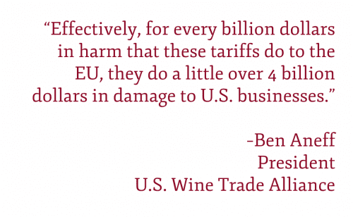 Pullquote: “Effectively, for every billion dollars in harm that these tariffs do to the E.U., they do a little over 4 billion dollars in damage to U.S. businesses.” –Ben Aneff President U.S. Wine Trade Alliance