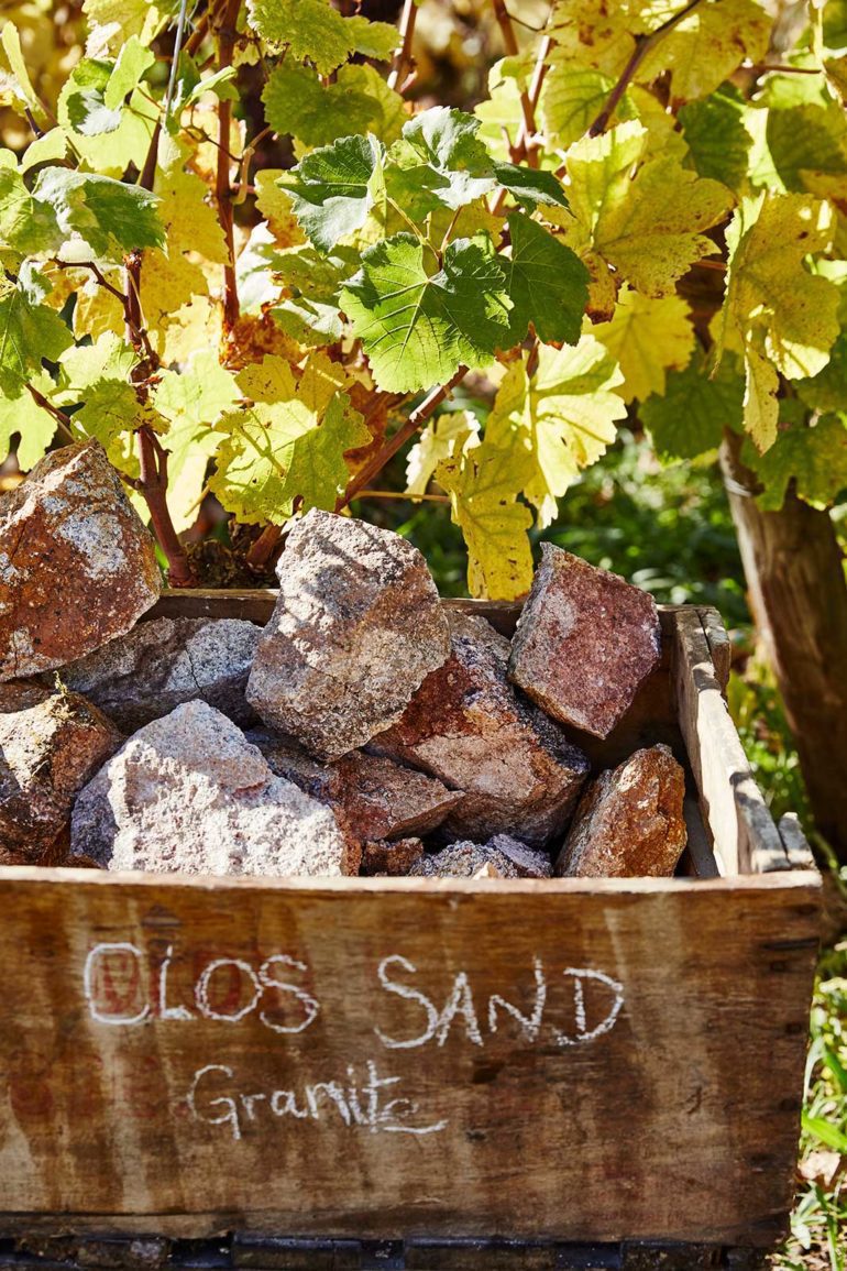 Granite rocks removed from the Clos Sand monopole vineyard. In Alsace, soil type is everything in the vineyards, so much so, that Barmès-Buecher named their Pinot Blanc simply "Sand" rather than by variety. ©Barmès Buecher