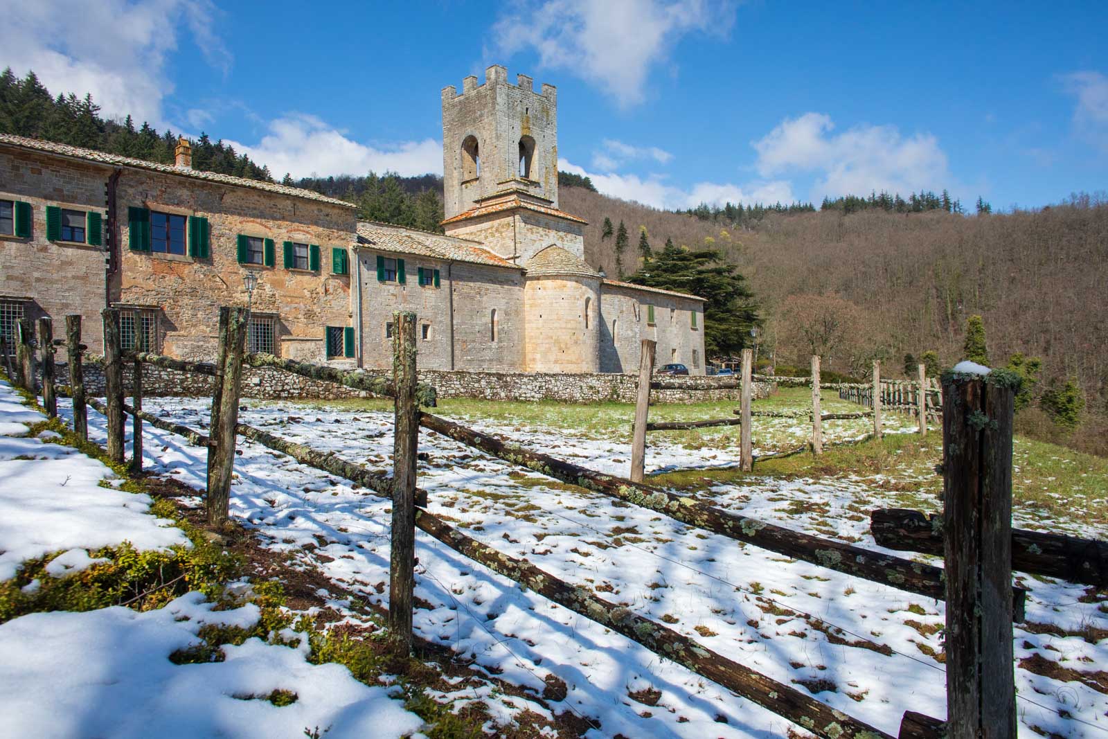 Badia a Coltibuono after a spring snow. ©Kevin Day/Opening a Bottle