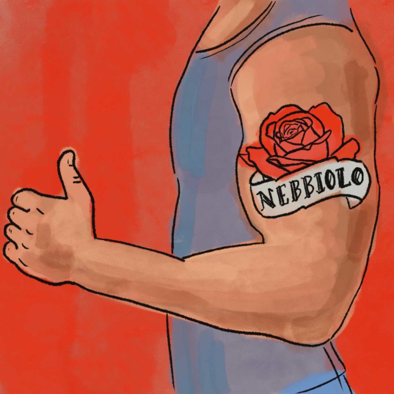 Painting of a burly guy with a Nebbiolo tattoo on his bicep, The Nebbiolo Fan Club. Ilustration by Margie McLain