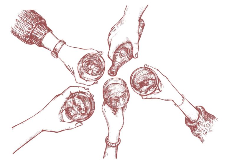 Contact Us: Illustration of friends pouring a round of wine