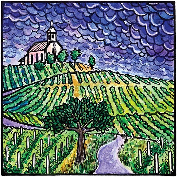 Painting of storm clouds over Fleurie, Beaujolais by Hérnan Sosa