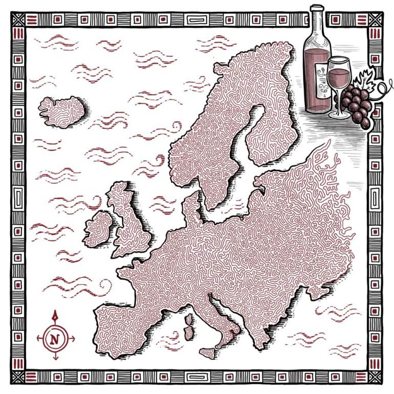 Stylized map of Europe for First Taste Guides. Illustration by Hernán Sosa for Opening a Bottle