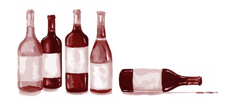 Illustration of red wine bottles with one tipped on its side. ©Opening a Bottle