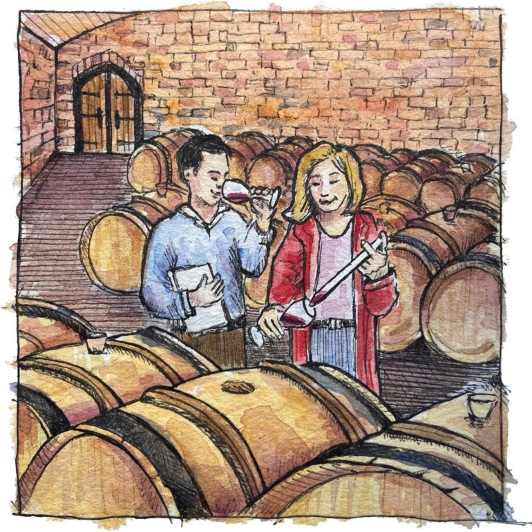 Tasting Report Illustration of a wine writer tasting wine with a winemaker in an old wine cellar, by Hernán Sosa