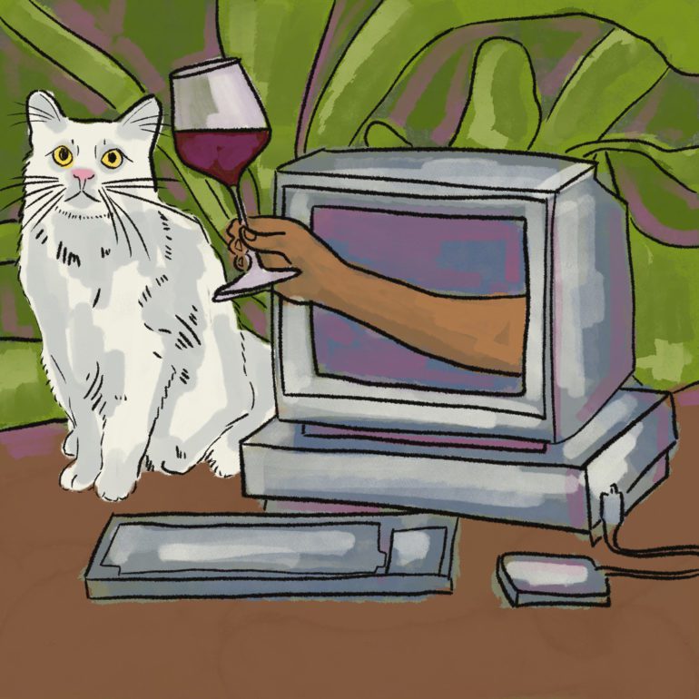 Illustration of a cat, computer and a hand offering a wine glass through the computer screen. Virtual Tasting Study Guides - Opening a Bottle