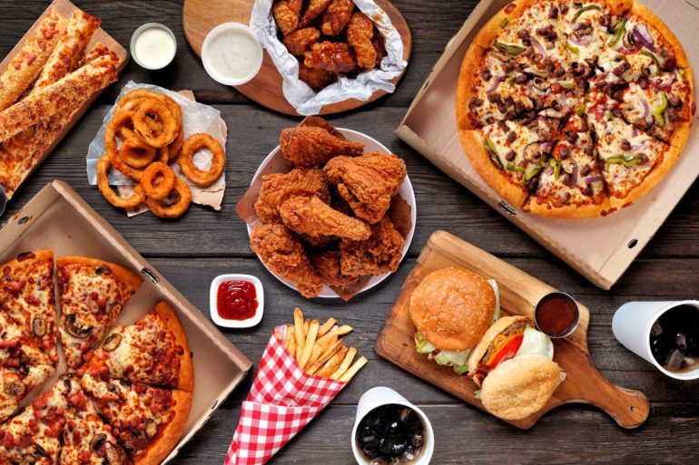 Fried and greasy foods on a table