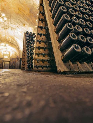 A Champagne Cellar with bottles in riddling racks.