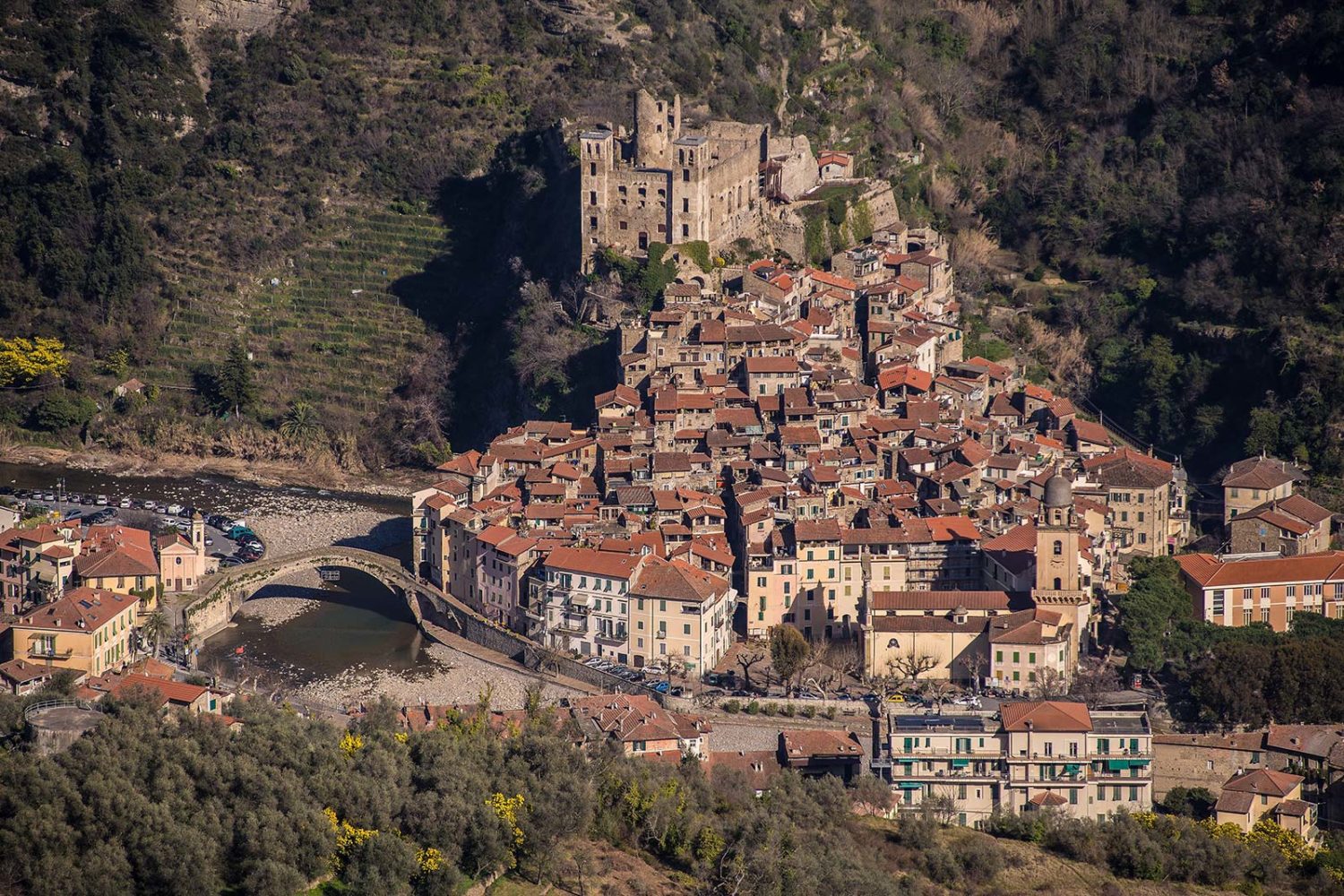 An elevated perspective on the Ligurian village of Dolceacqua.