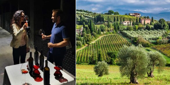 Wine critic Kerin O'Keefe samples Barbaresco at Roagna; the vineyard-draped hills of Tuscany, Italy.