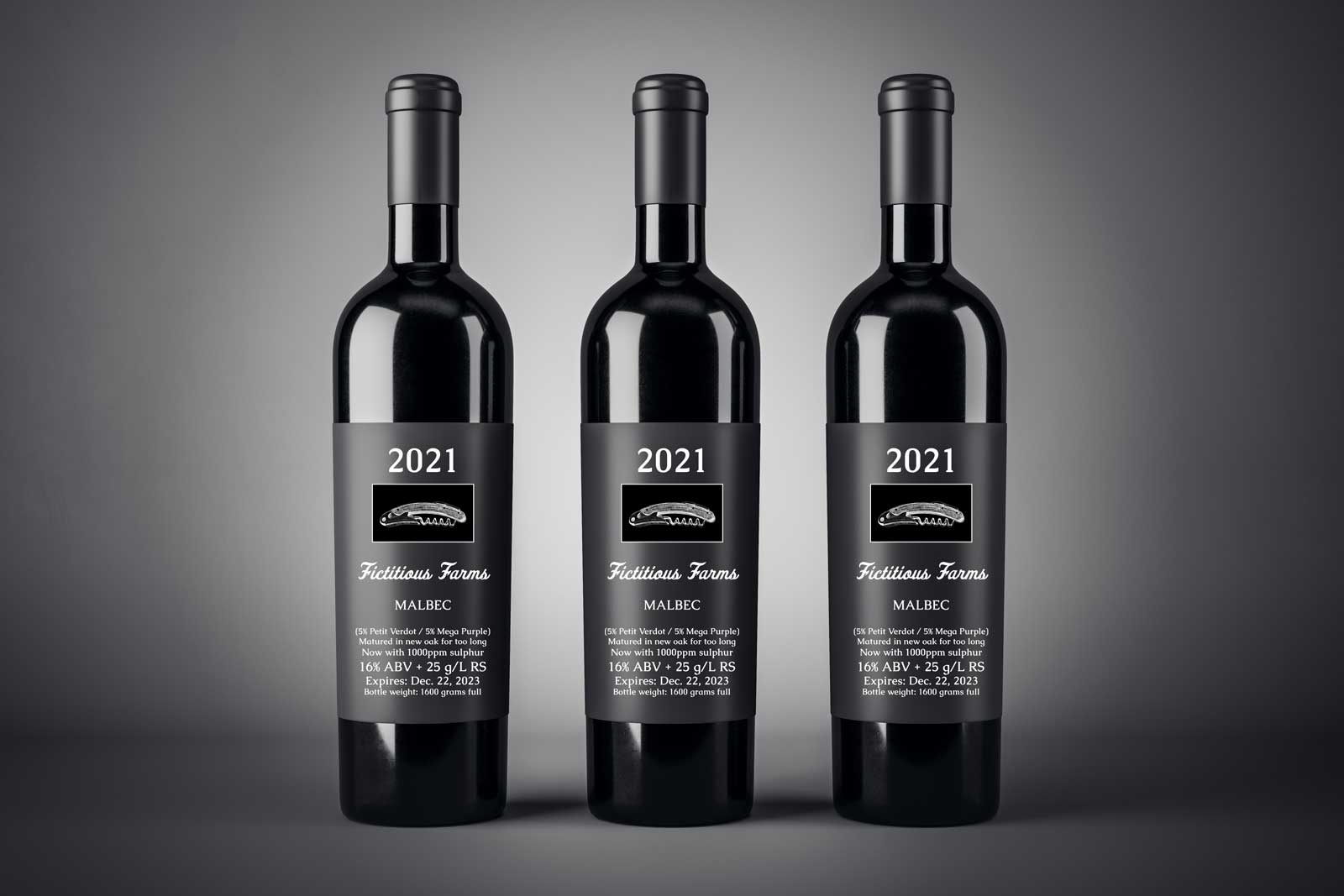 Fake black wine bottles with fake wine label information