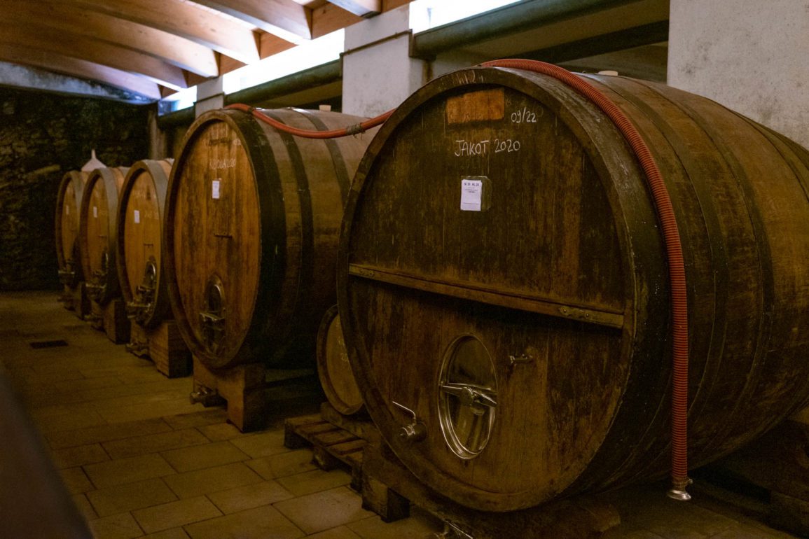 Large oak casks at Radikon winery. ©Kevin Day/Opening a Bottle