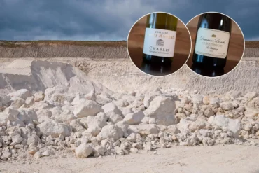 Limestone quarry and Chablis wine bottles