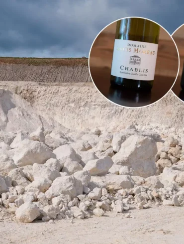 Limestone quarry and Chablis wine bottles