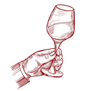 Red-colored illustration of hand toasting a glass of wine