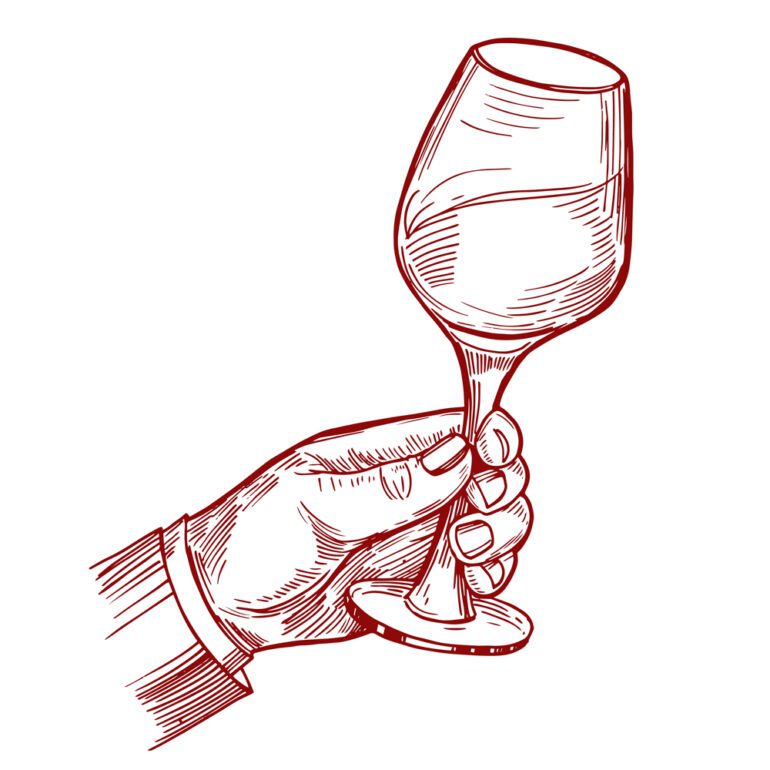 Red-colored illustration of hand toasting a glass of wine