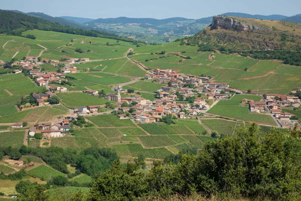 Vergisson and the Roche de Vergisson in Pouilly-Fuissé region of Burgundy, France.