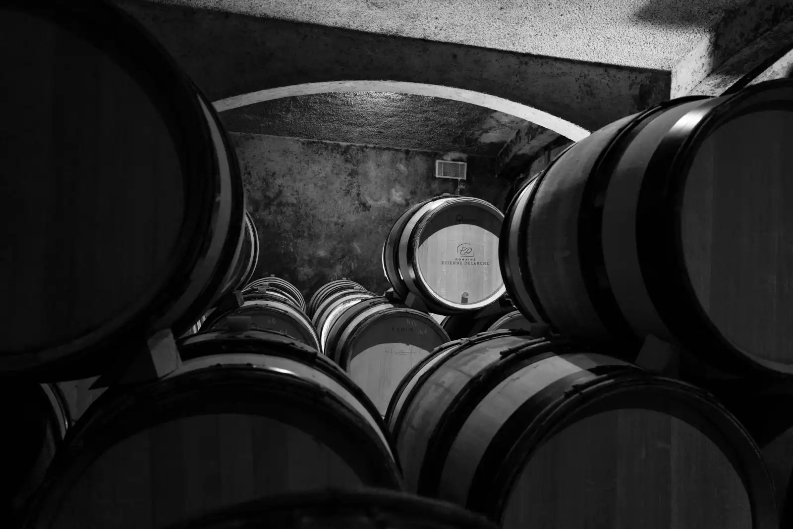 Burgundy wine cellar loaded with barrels in Pernand-Vergelesses, Bourgogne, France