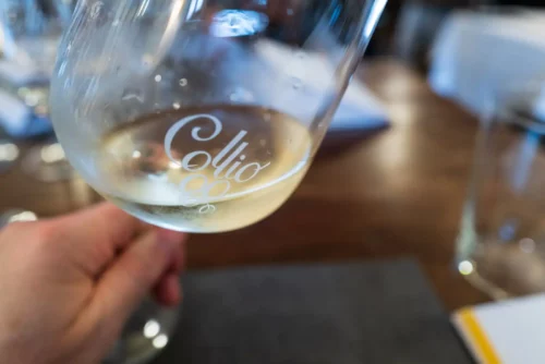 A chilled glass of white wine called Friulano from northeastern Italy's Collio region.