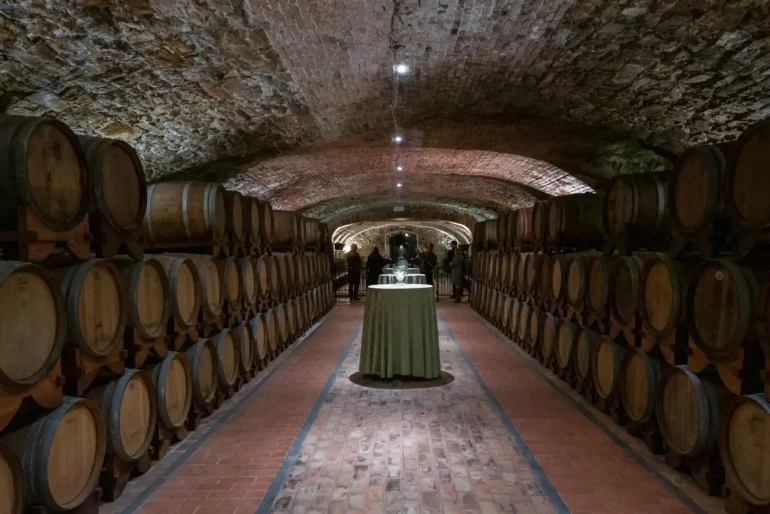 An arched-roof wine cellar in northeastern Italy's Collio wine region.