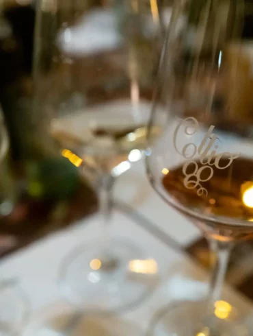 A glass of Pinot Grigio ramato wine from the Collio DOC in Italy.