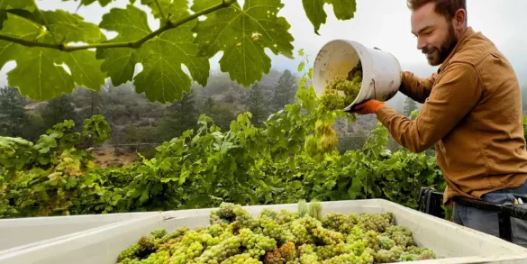 Man empties Roussanne wine grapes into a bin during grape harvest in Applegate Valley, Oregon
