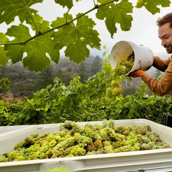 Man empties Roussanne wine grapes into a bin during grape harvest in Applegate Valley, Oregon