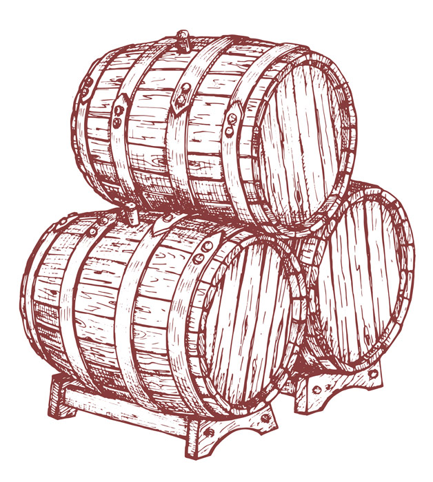 Decorative illustration of three wine barrels.