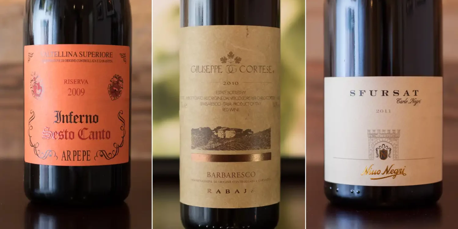 Three Nebbiolo wines worth cellaring: ARPEPE "Sesto Canto" Valtellina Superiore Inferno, Giuseppe Cortese Barbaresco Rabaja, and Nino Negri "Sfursat" Sforzato di Valtellina